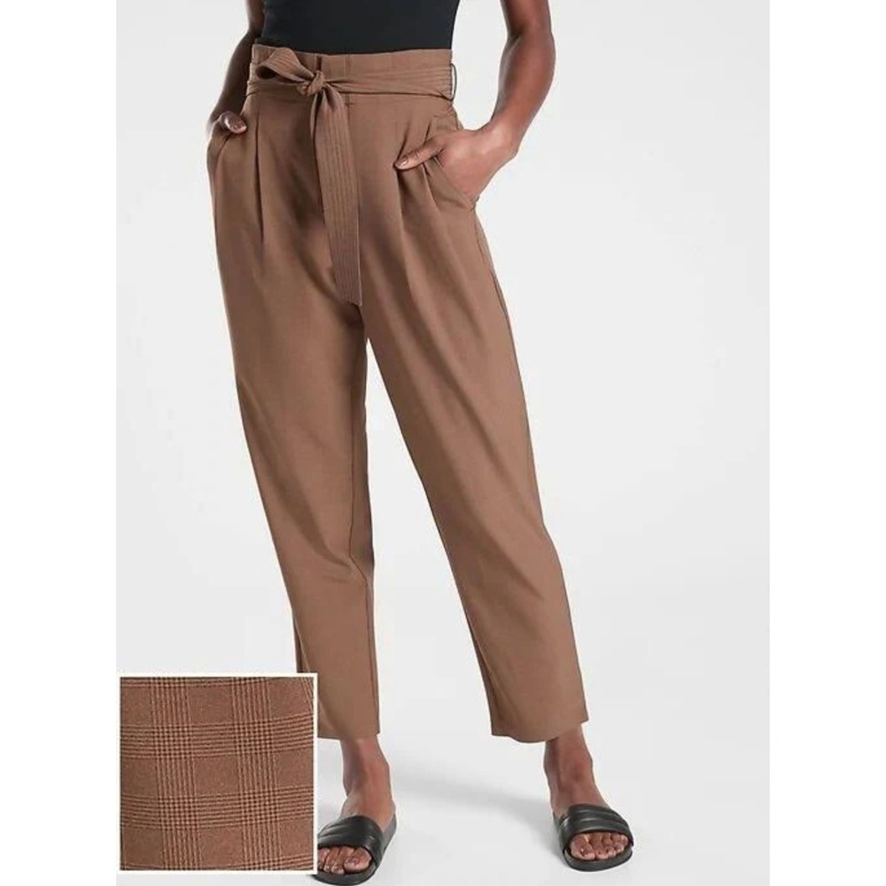 Athleta Skyline Plaid Pant II Brown Belted High Rise Tapered Leg Womens Size 2